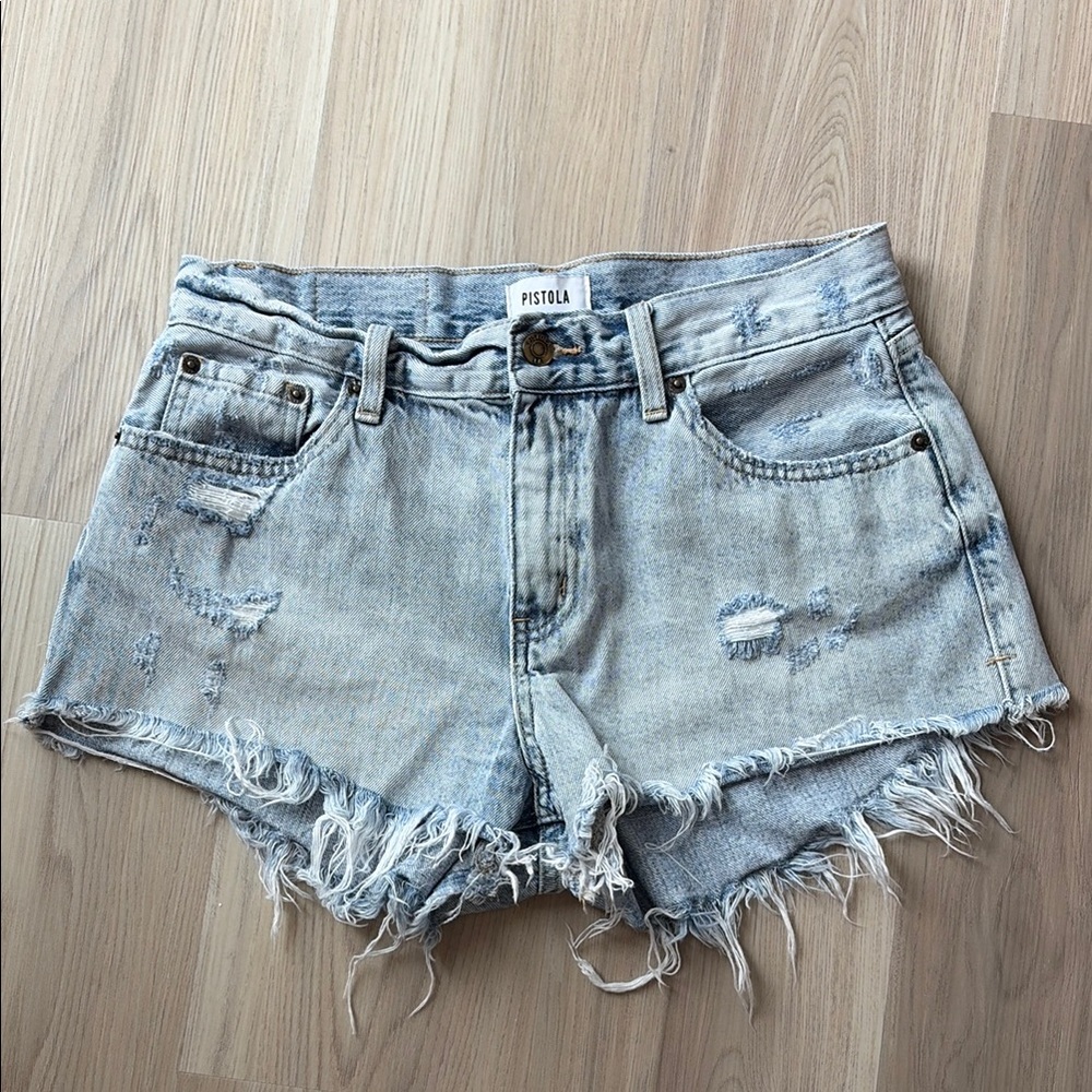 Pistola Light Wash Distressed Denim Shorts (size 28)